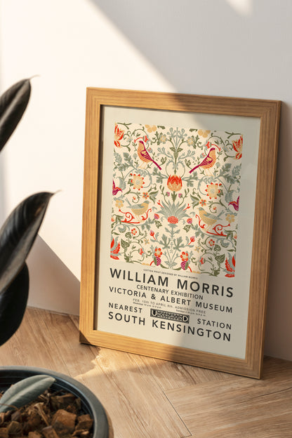 William Morris “Centenary Exhibition” art print featuring detailed floral and botanical patterns, showcased at the Victoria & Albert Museum.