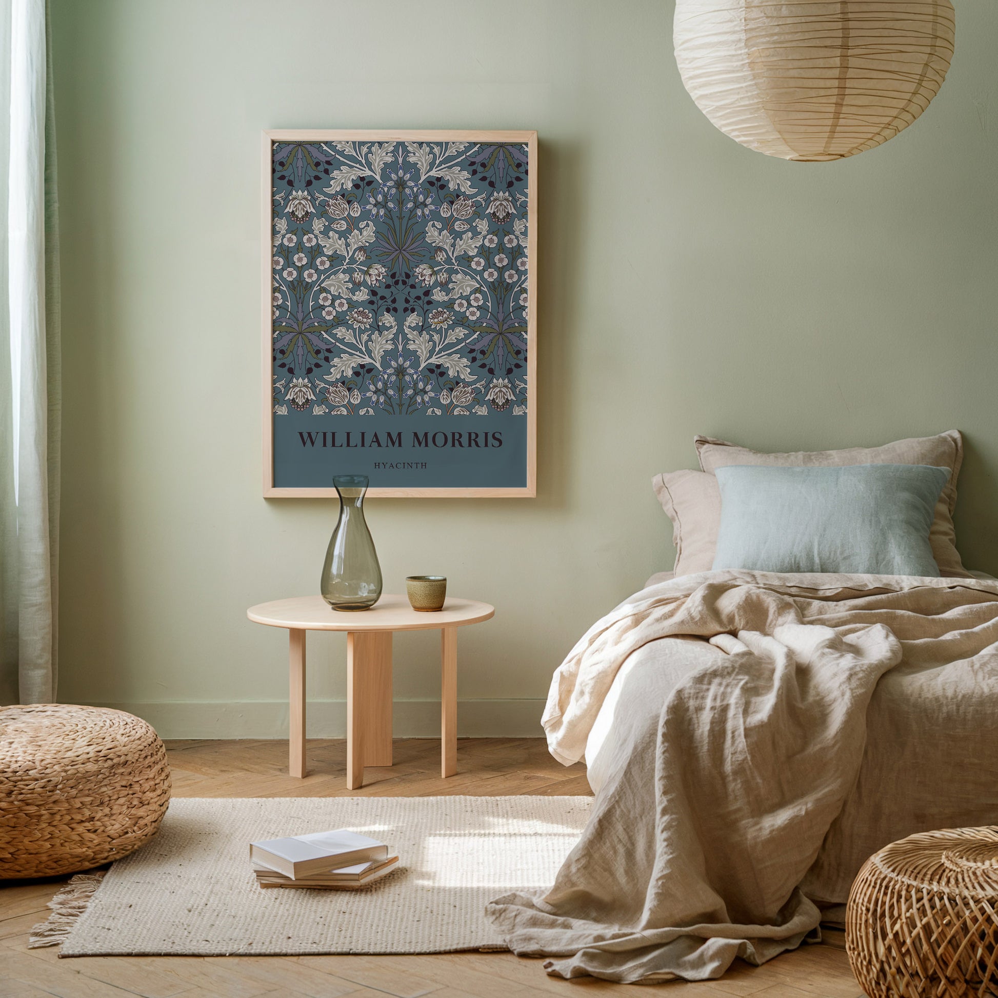 Victorian-inspired floral art print of William Morris’s Hyacinth pattern, with intricate leaf and flower designs set against a deep teal background for a modern twist on a classic aesthetic.