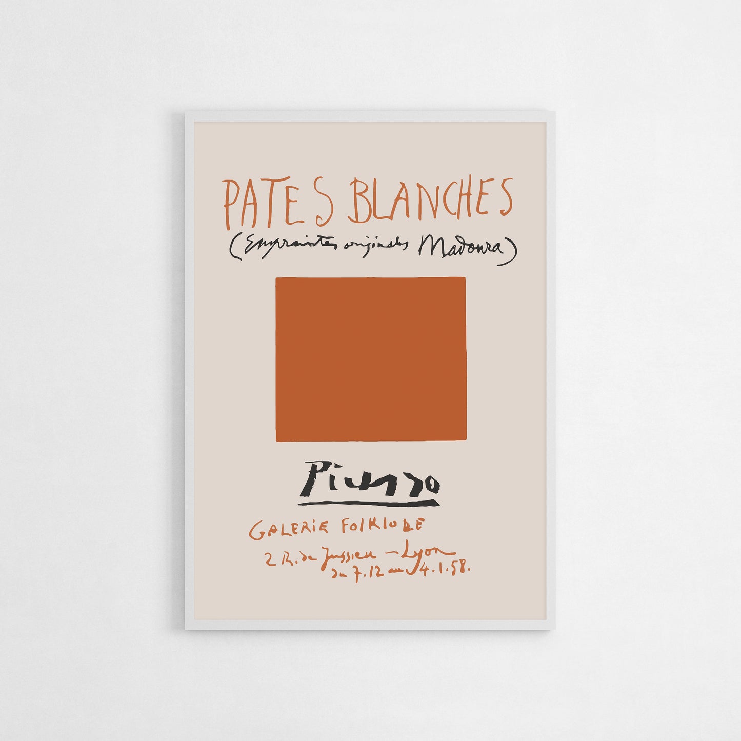 1958 Picasso exhibition poster for "Pâtes Blanches" at Galerie Folklore, featuring a minimalist orange square and handwritten typography in a vintage design.