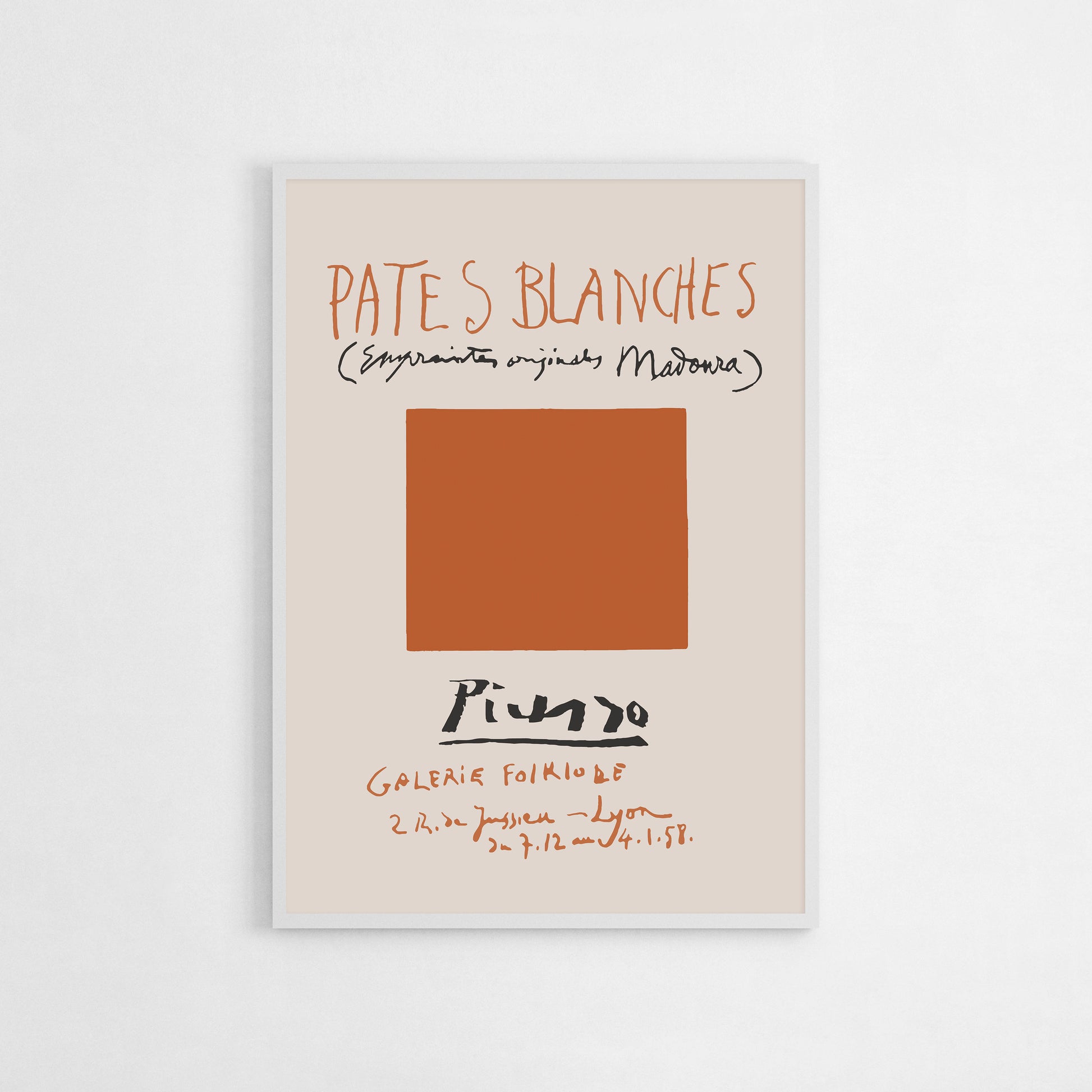 1958 Picasso exhibition poster for "Pâtes Blanches" at Galerie Folklore, featuring a minimalist orange square and handwritten typography in a vintage design.