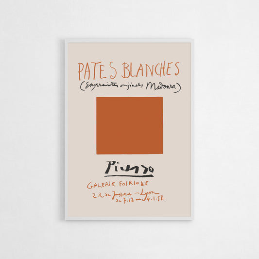 1958 Picasso exhibition poster for "Pâtes Blanches" at Galerie Folklore, featuring a minimalist orange square and handwritten typography in a vintage design.