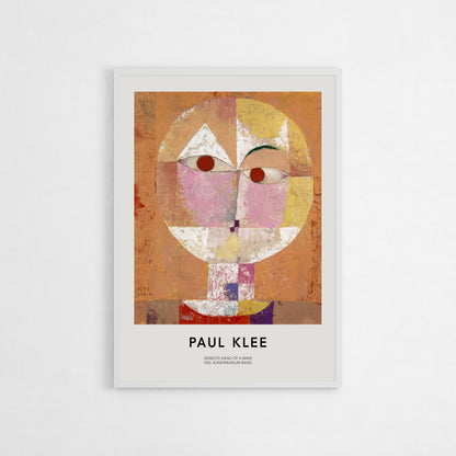 Poster featuring Paul Klee’s Senecio (Head of a Man), 1922, showcasing an abstract human face composed of geometric shapes in warm, earthy colors with a textural background.