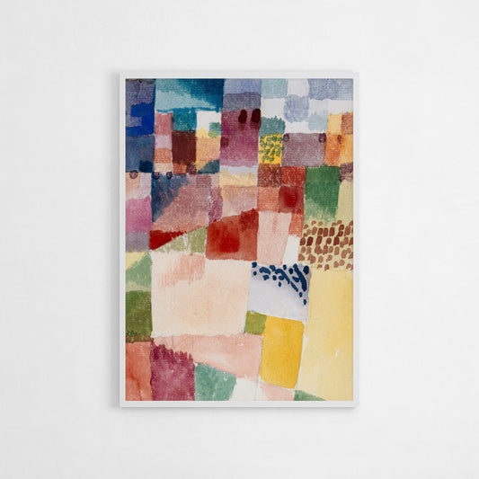 Poster of Paul Klee’s painting “Motif from Hammamet,” featuring a patchwork of colorful abstract blocks and patterns, inspired by the Mediterranean landscape.