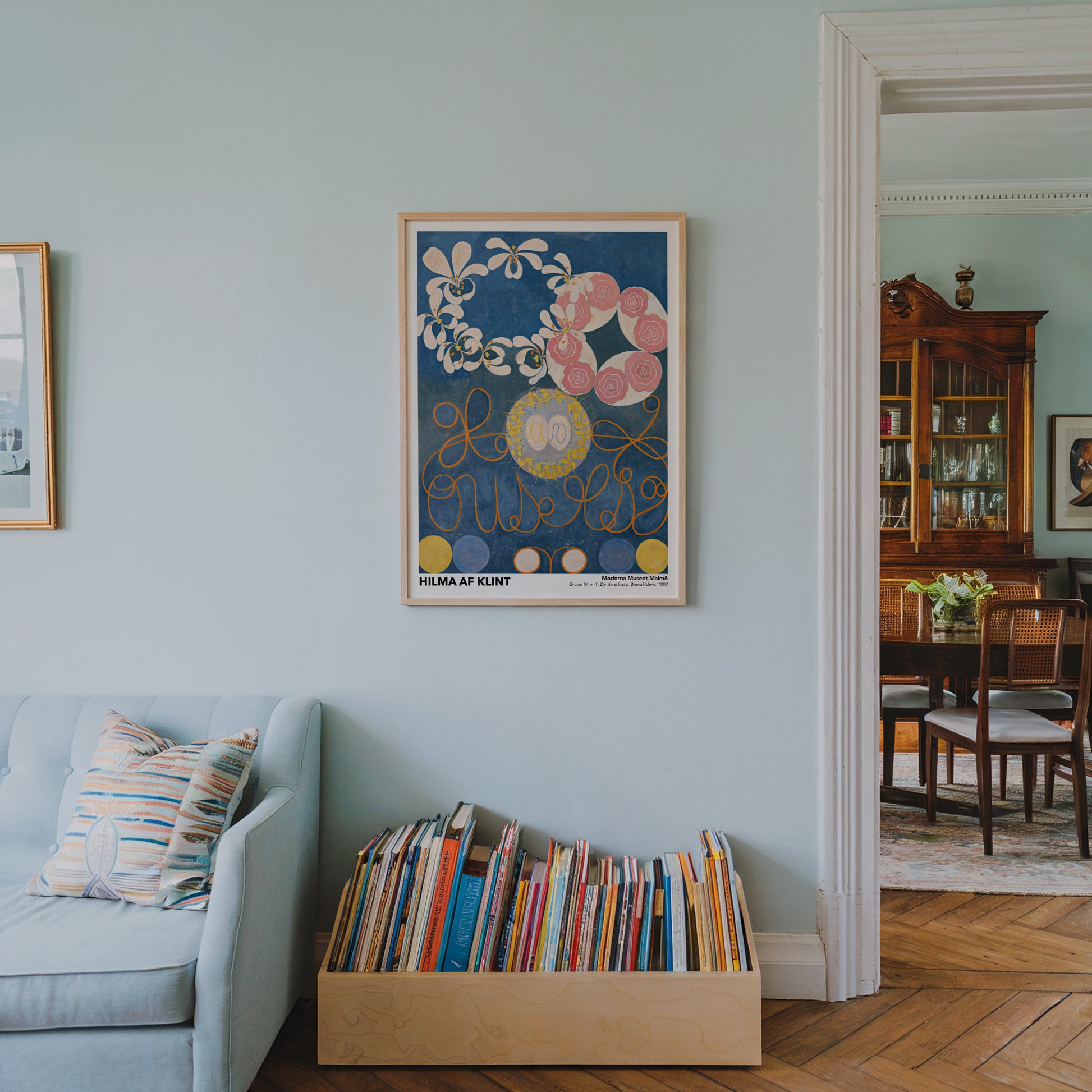 Hilma af Klint exhibition poster of “The Ten Largest No. 1: Childhood,” featuring abstract, floral, and circular motifs in soft pastels, symbolizing the innocence of childhood.