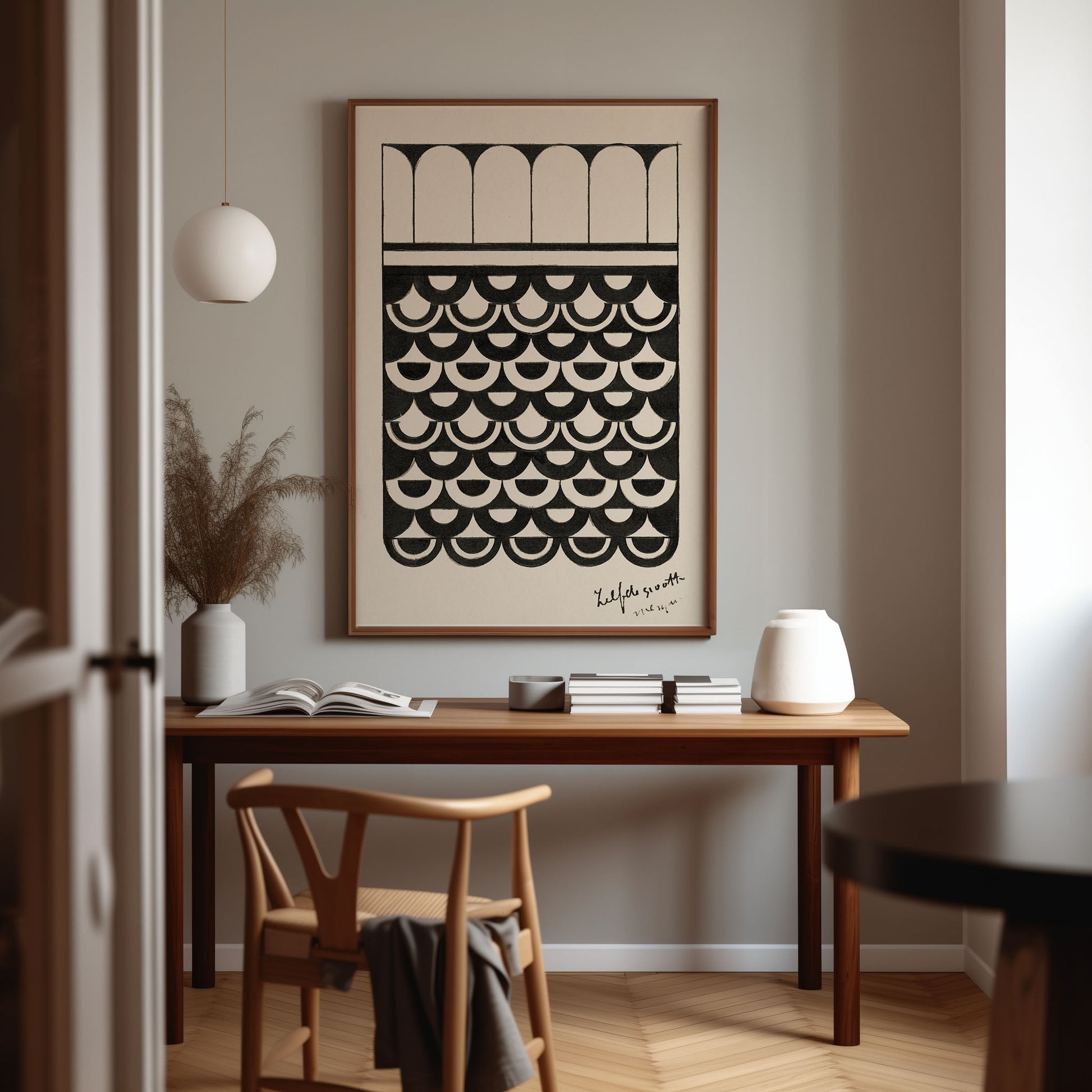 Monochromatic art poster black and white, showcasing bold, repeating geometric shapes in a scale-like pattern. Ideal for minimalist and mid century modern decor.