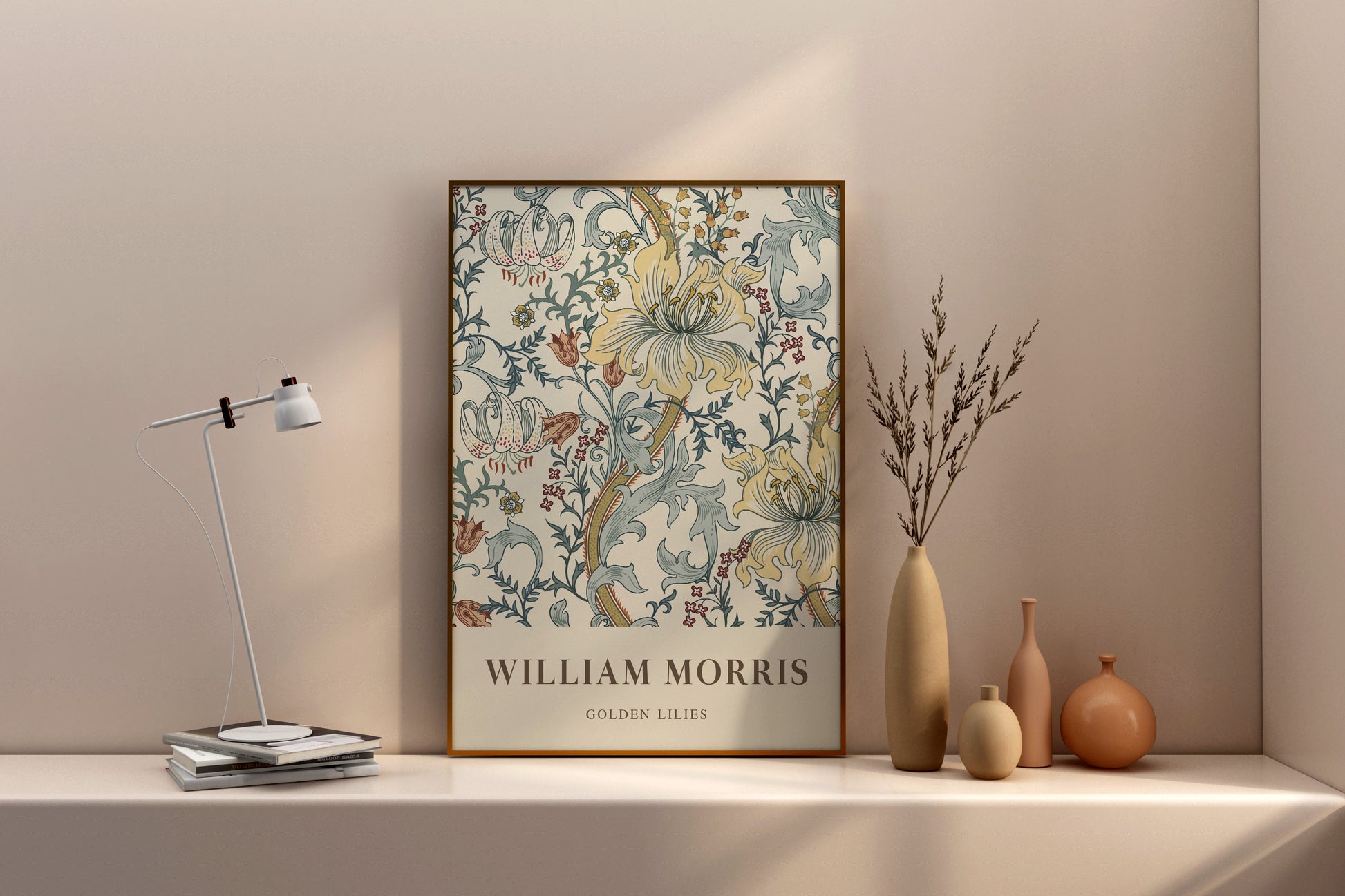 William Morris’s “Golden Lilies” poster featuring an intricate floral design with soft yellow lilies and Victorian motifs on a light background, bringing a touch of timeless elegance to any decor.