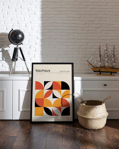 Geometric Bauhaus art poster with bold orange, red, and black shapes, inspired by the Bauhaus Weimar Exhibition 1923. Perfect for modern and minimalist interiors such as living rooms or offices. Makes a thoughtful gift for fans of mid-century modern design and Bauhaus art.