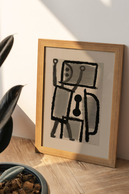 Black and grey abstract art poster by Paul Klee, featuring bold, geometric shapes and expressive lines, embodying a modernist design. 