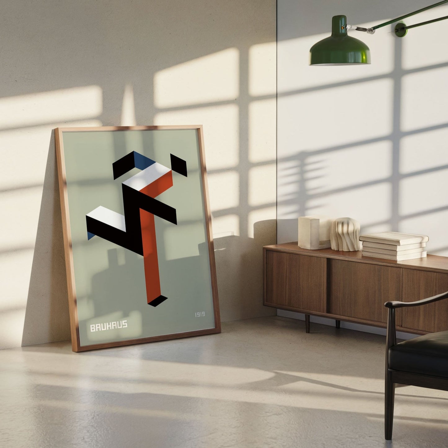 Bauhaus 1919 geometric art print featuring bold isometric shapes in earthy tones. Perfect for modern interiors, minimalist decor, creative workspaces, or as a gift for design enthusiasts. The print embodies the iconic style of the Bauhaus movement.