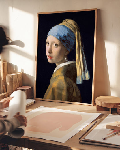 Art print of Johannes Vermeer’s "Girl with a Pearl Earring," featuring a young woman in a blue and gold headscarf with a pearl earring against a dark background.