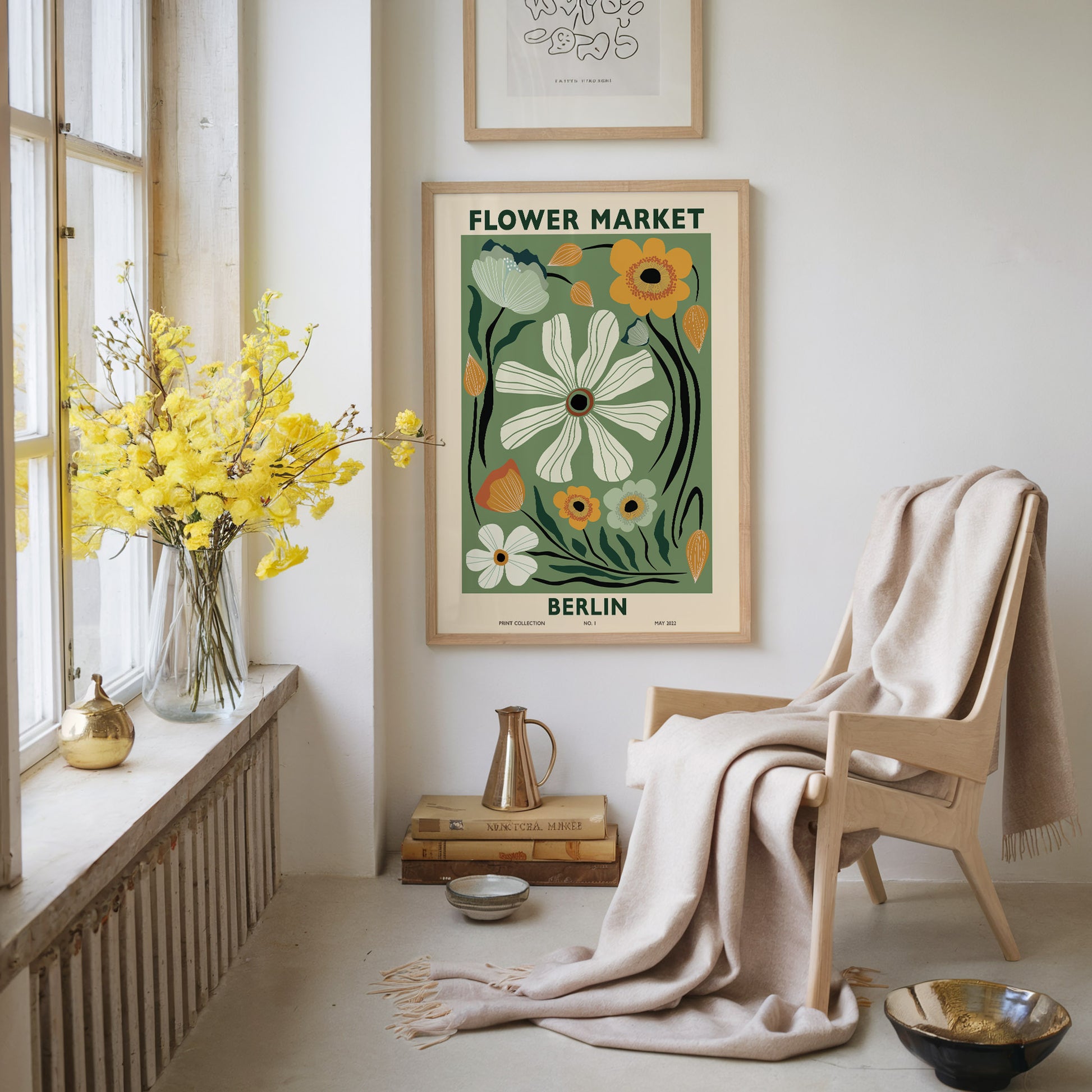 modern-style Flower Market Berlin poster with green, orange, and yellow floral illustrations, featuring a abstract botanical design on a light green background.