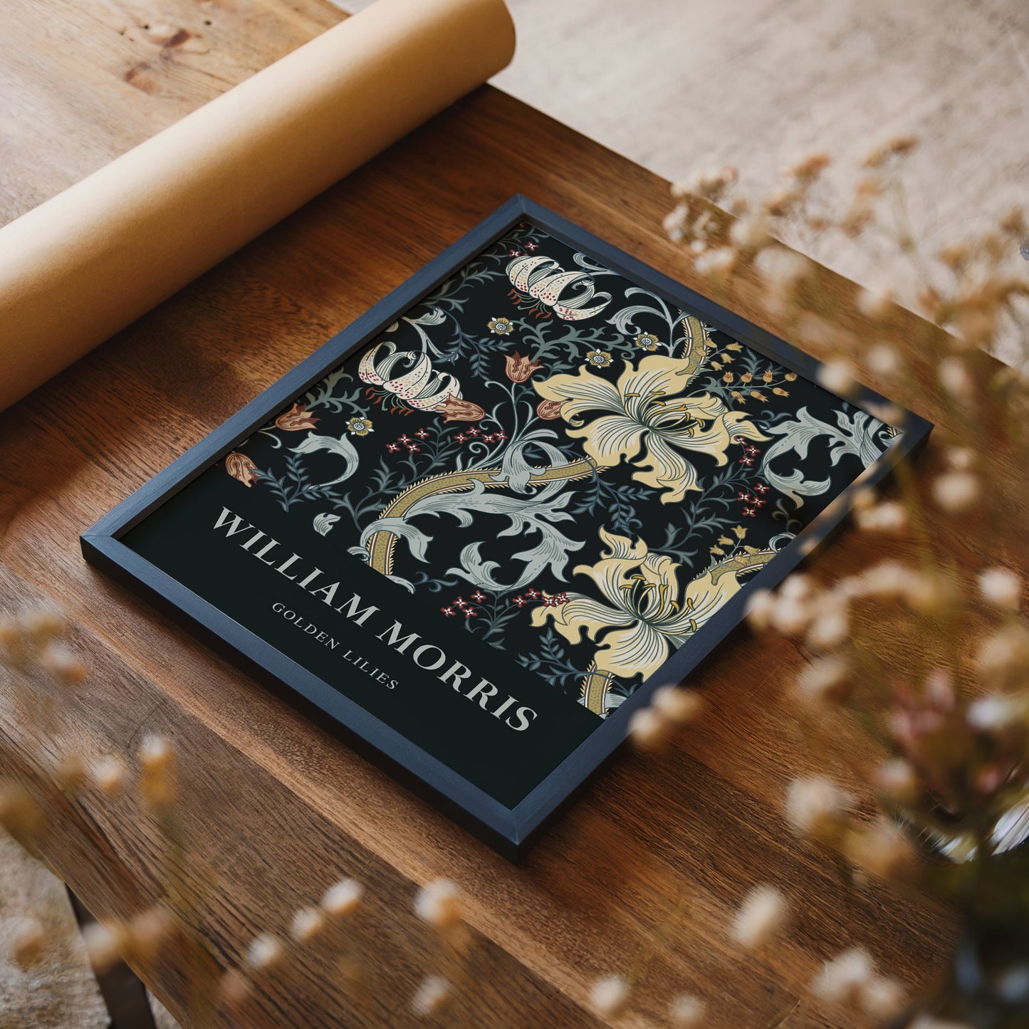 William Morris’s “Golden Lilies” poster featuring an intricate floral pattern with golden lilies and Victorian motifs on a dark background, blending classic art with modern decor style.