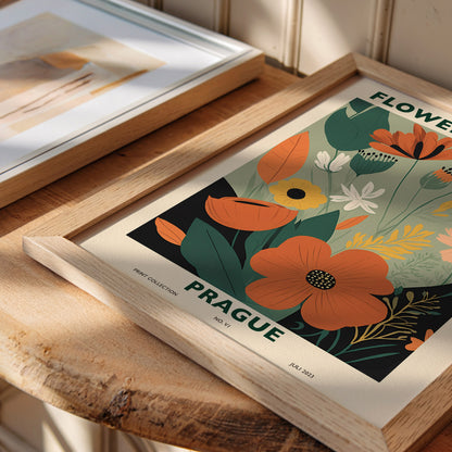 Modern "Flower Market Prague" poster featuring vibrant orange, yellow, and green flowers against a soft green background. A contemporary floral art print for modern decor.