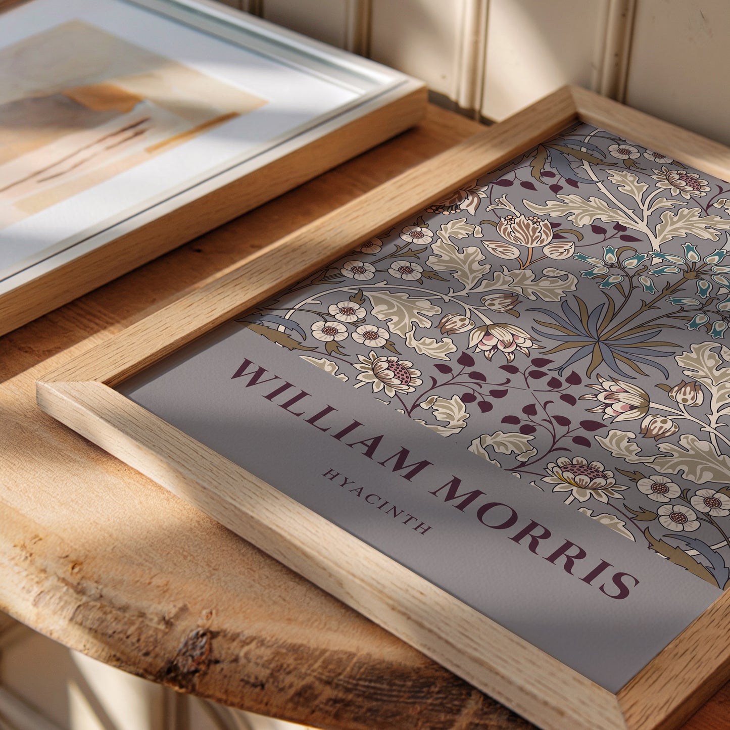 Detailed floral art print of William Morris’s Hyacinth pattern, featuring intricate leaves and blossoms in soft, taupe, muted tones for a vintage-inspired look.