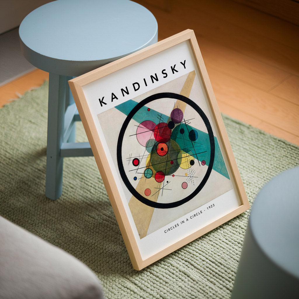 Poster of Wassily Kandinsky’s 1923 artwork “Circles in a Circle,” showcasing overlapping colorful circles bounded by a thick black circle on a geometric background.