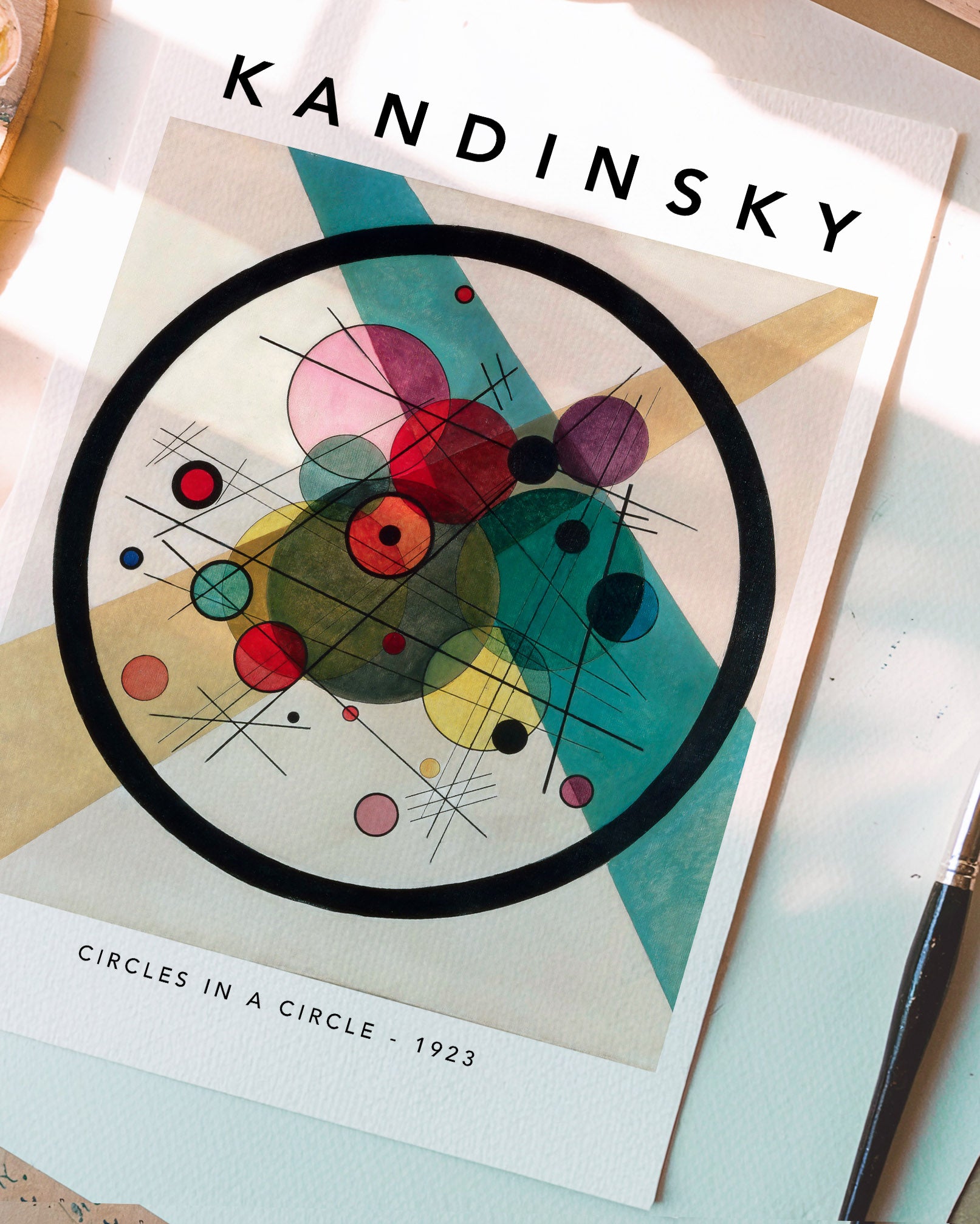 Poster of Wassily Kandinsky’s 1923 artwork “Circles in a Circle,” showcasing overlapping colorful circles bounded by a thick black circle on a geometric background.