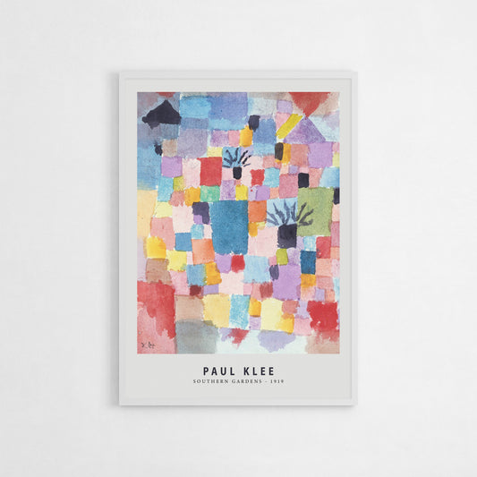 Poster of Paul Klee’s “Southern Gardens” artwork, displaying an abstract arrangement of colorful, mosaic-like blocks in various shades, with hints of hand-drawn shapes.