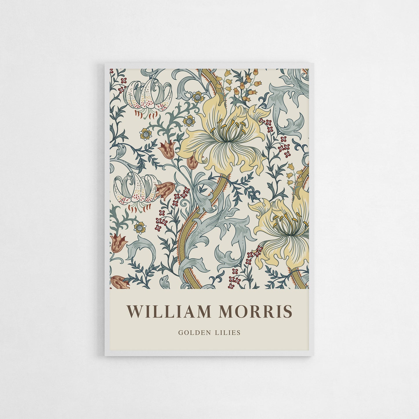 William Morris’s “Golden Lilies” poster featuring an intricate floral design with soft yellow lilies and Victorian motifs on a light background, bringing a touch of timeless elegance to any decor.