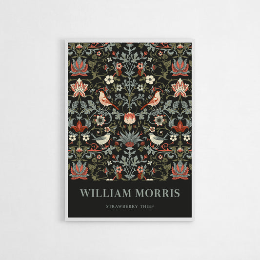 William Morris “Strawberry Thief” art print in a midnight palette, featuring detailed floral and bird motifs, embodying the classic Arts and Crafts aesthetic.