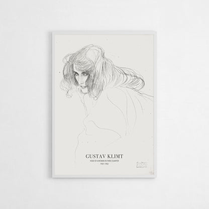 Minimalist art print of Gustav Klimt’s “Head of a Woman in Three-Quarter,” showcasing delicate pencil strokes capturing the essence of a woman’s face and expression.