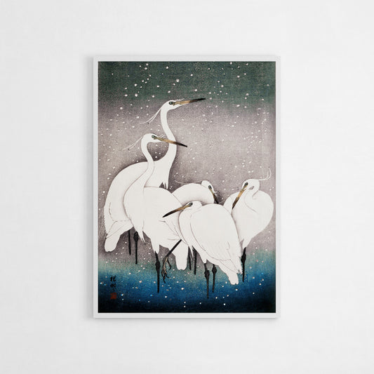 An elegant Five White Cranes in Snow print by Ohara Koson shows five white cranes against a snowy, muted background. The delicate, peaceful artwork is perfect for minimalist or Japanese-inspired interiors, suitable for living rooms, bedrooms, or offices. A thoughtful gift for nature enthusiasts or art lovers.