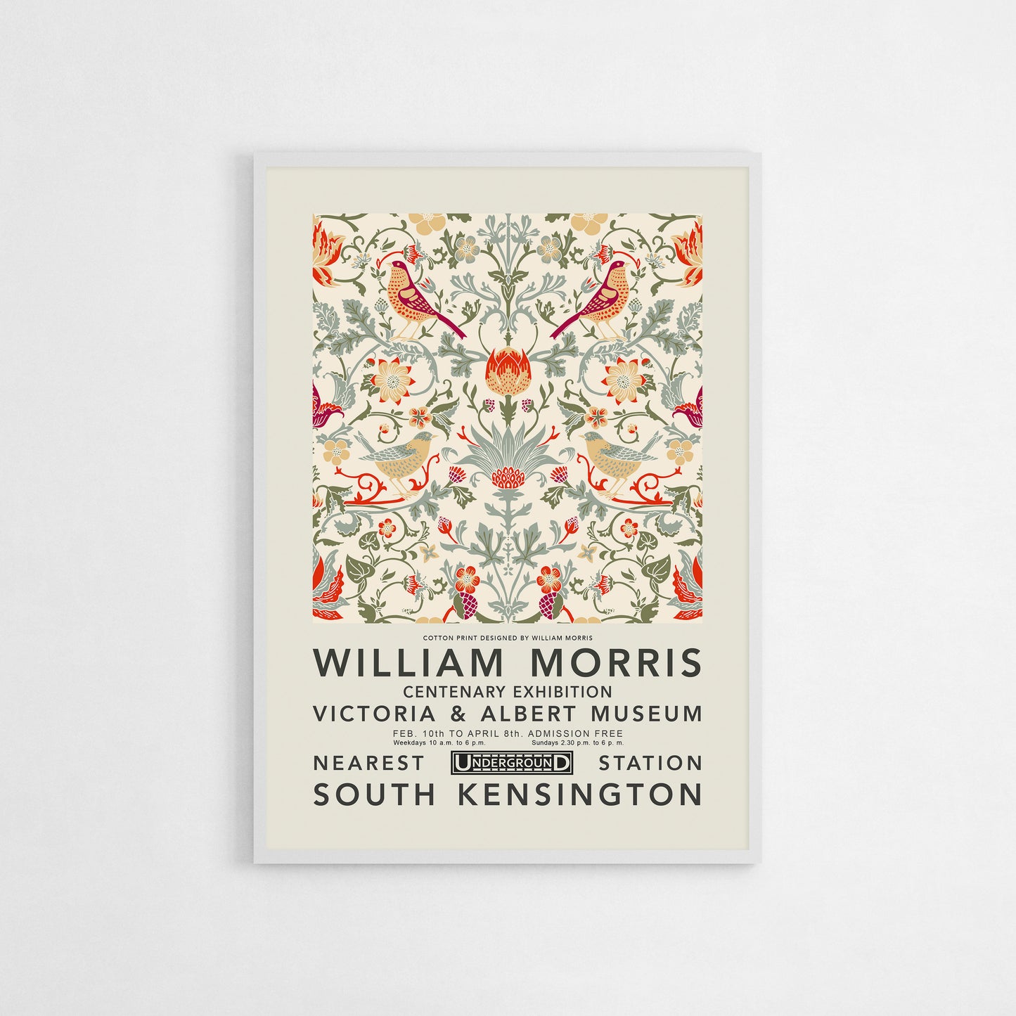 William Morris “Centenary Exhibition” art print featuring detailed floral and botanical patterns, showcased at the Victoria & Albert Museum.