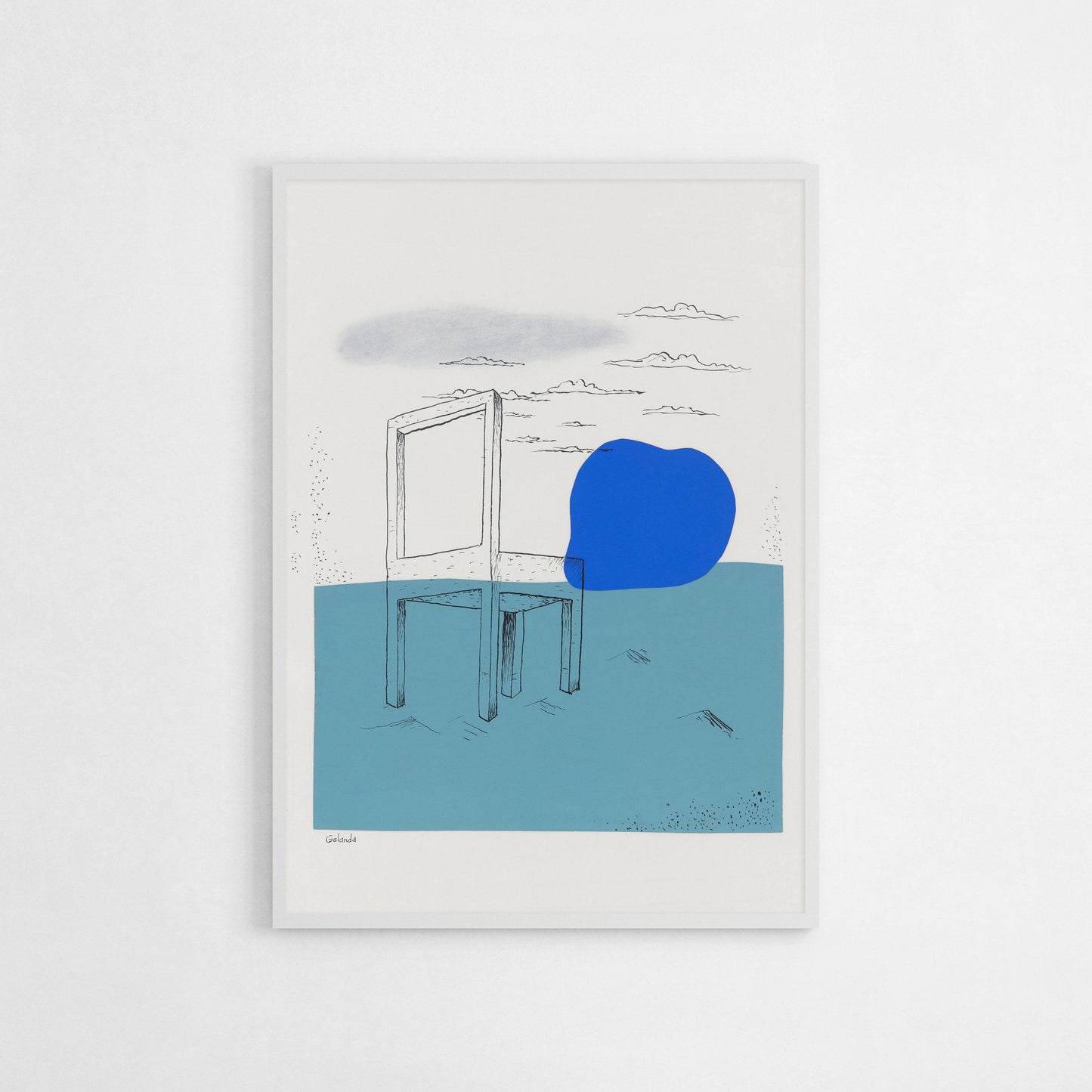 Minimalist chair drawing with bold abstract blue shape, perfect for modern or contemporary home decor, geometric dot