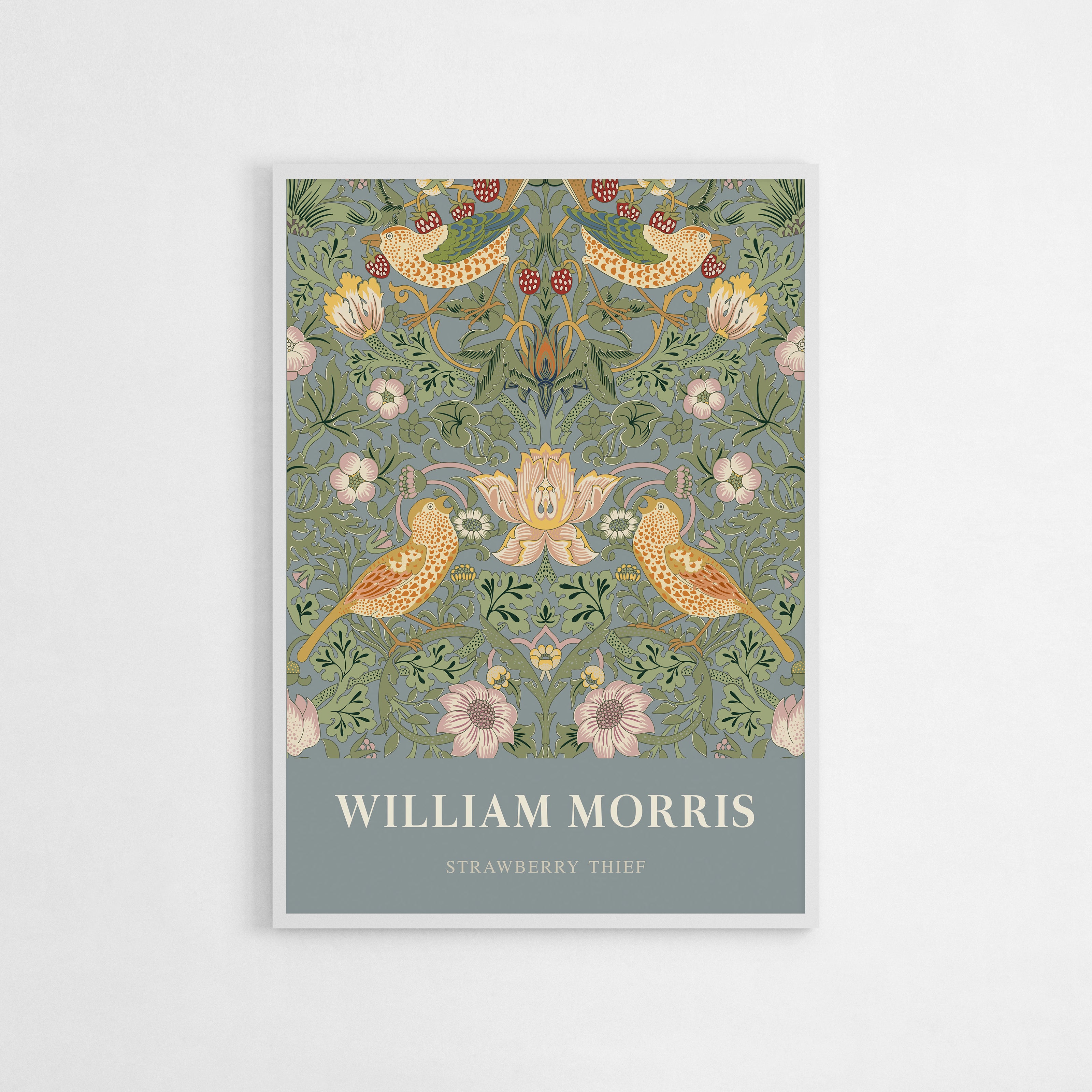 William Morris “Strawberry Thief” art print in a sage green palette, featuring intricate floral patterns and birds, encapsulating the essence of the Arts and Crafts movement.