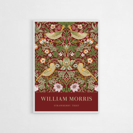 William Morris “Strawberry Thief” art print in crimson, featuring birds, flowers, and intricate foliage with vintage detailing typical of the Arts and Crafts era.