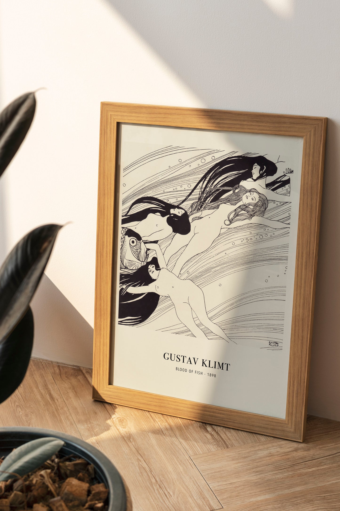 Black-and-white art print of Blood of Fish by Gustav Klimt, featuring flowing figures and aquatic elements. Ideal for lovers of classic and Art Nouveau decor, adding elegance and intrigue to any room.