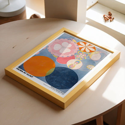 Exhibition poster of Hilma af Klint’s “The Ten Largest No. 2: Childhood,” featuring large, vivid circular patterns and symbolic elements in a modern abstract composition.