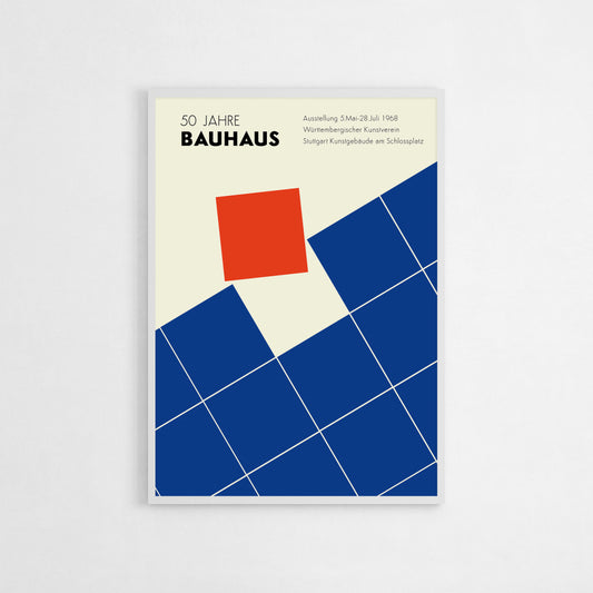 Minimalist geometric art print inspired by the 50 Jahre Bauhaus exhibition in 1968. Featuring bold red and blue shapes, this modern poster fits perfectly into mid-century modern, minimalist, or contemporary interiors. Great for living rooms, offices, or as a gift for design enthusiasts