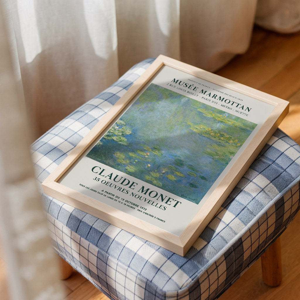 Claude Monet Water Lilies exhibition poster from the Musée Marmottan, depicting a soft, impressionist-style scene of water lilies on a calm pond, ideal for classic art enthusiasts and sophisticated home decoration.