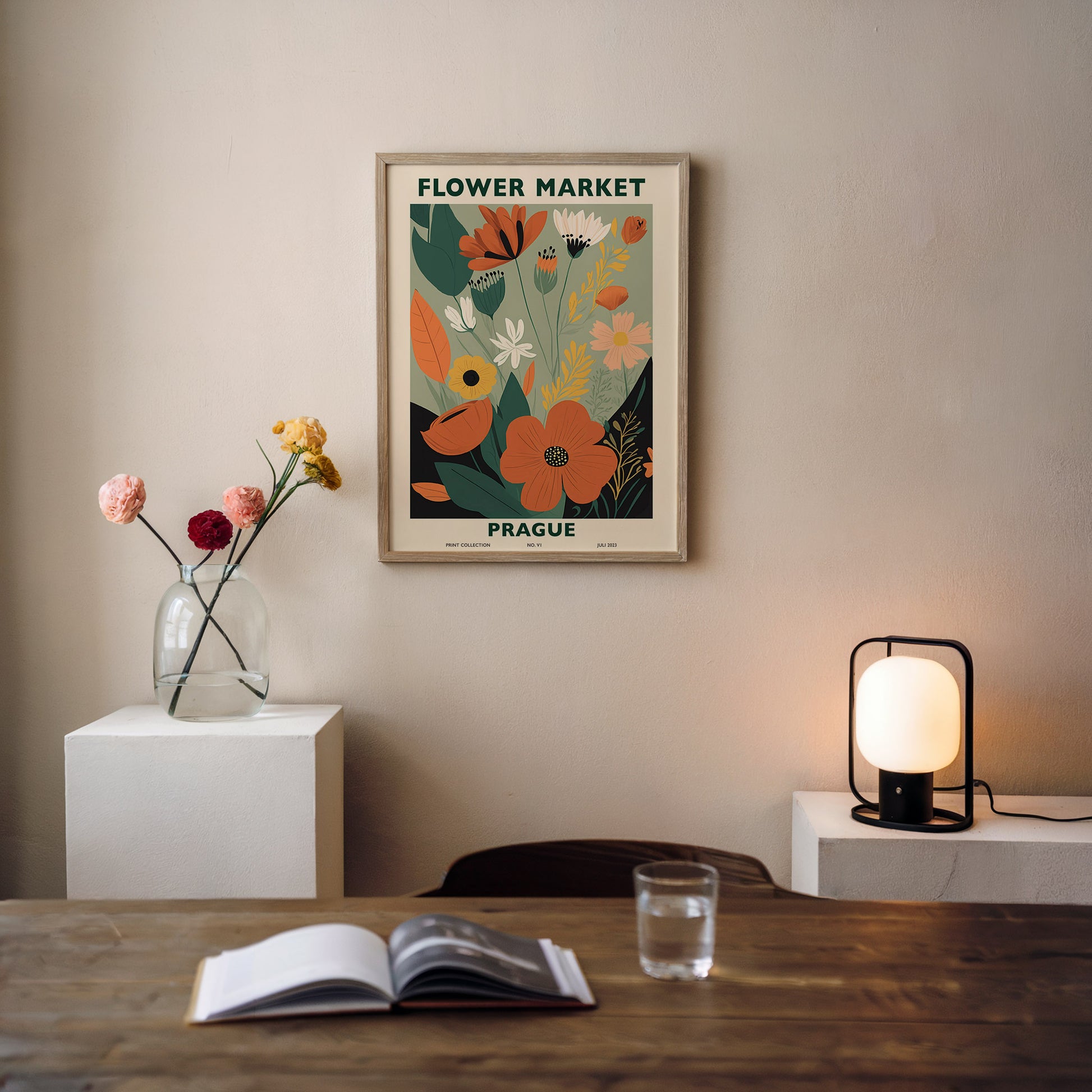 Modern "Flower Market Prague" poster featuring vibrant orange, yellow, and green flowers against a soft green background. A contemporary floral art print for modern decor.