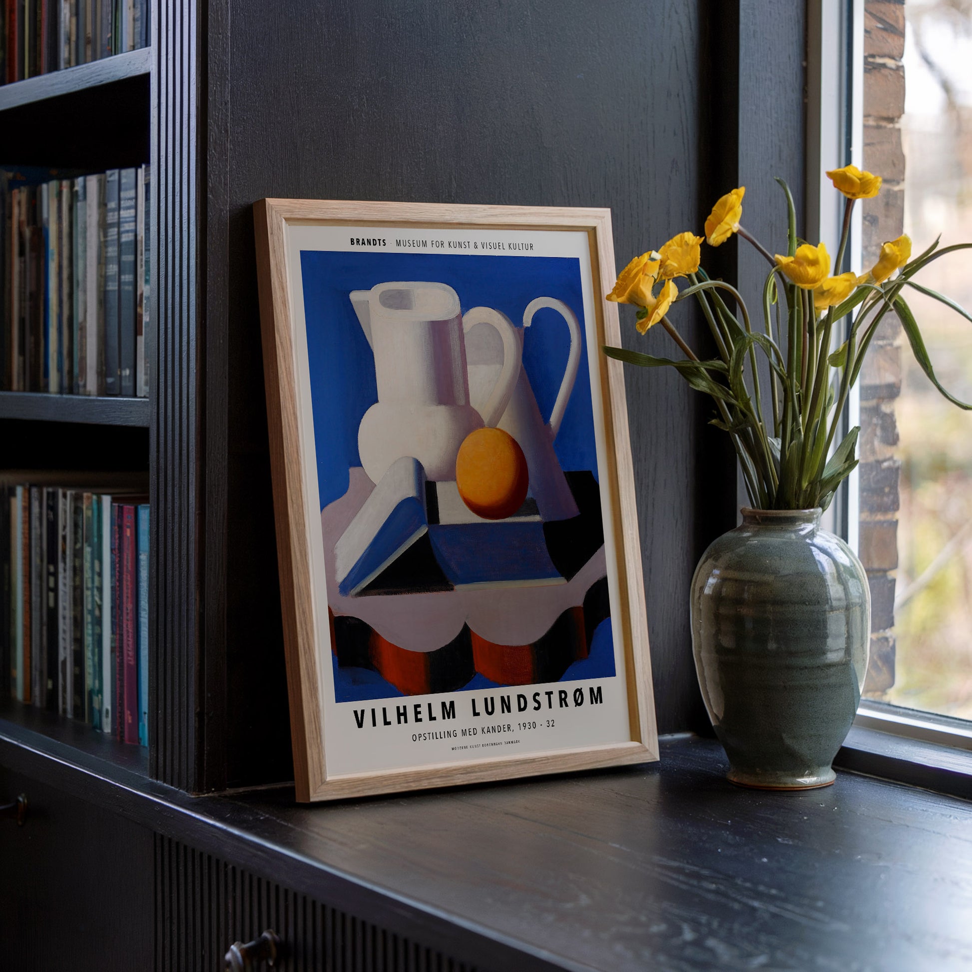 Poster of Vilhelm Lundstrøm’s "Opstilling med Kander" (1930-32), depicting a modernist still life with jugs, a fruit, and geometric shapes in a vibrant, minimalist composition.