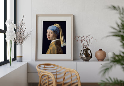 Art print of Johannes Vermeer’s "Girl with a Pearl Earring," featuring a young woman in a blue and gold headscarf with a pearl earring against a dark background.