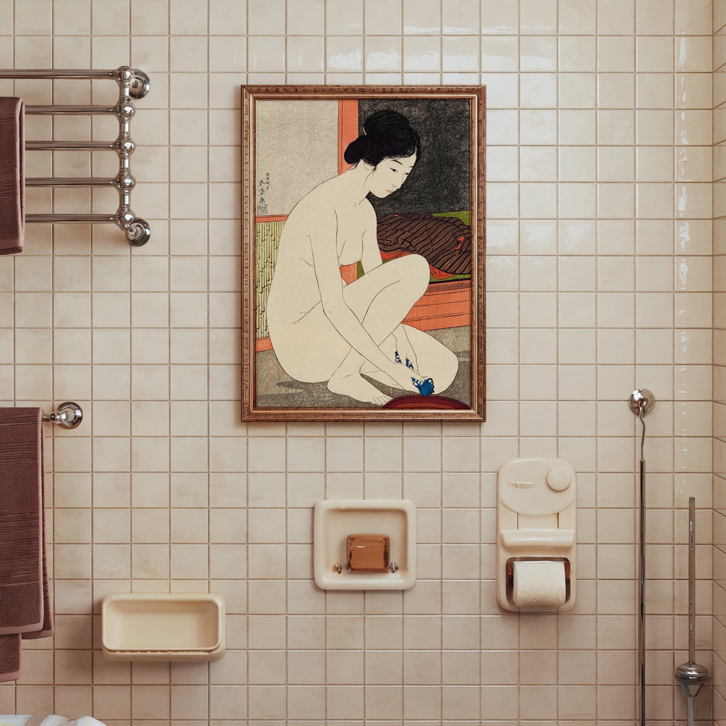 Traditional Japanese art print of a woman after bathing, created by Hashiguchi Goyo in 1920, ideal for minimalist or Japanese-inspired home decor.