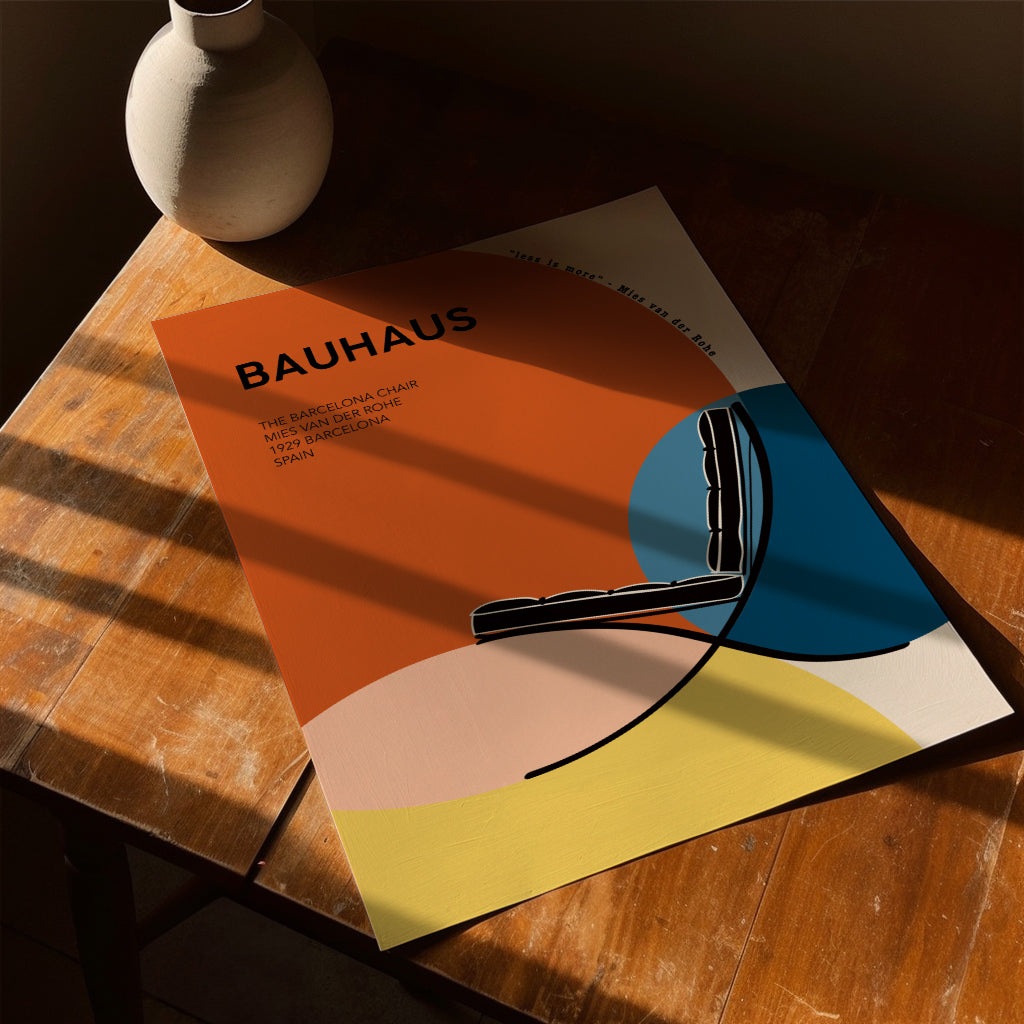 A Bauhaus poster featuring the Barcelona Chair by Mies van der Rohe, designed with geometric shapes in warm orange, blue, and yellow tones. This modernist art print adds a touch of elegance to minimalist, mid-century modern, or Bauhaus interiors. Perfect for living rooms, bedrooms, and office spaces, and makes a stylish gift for design enthusiasts.