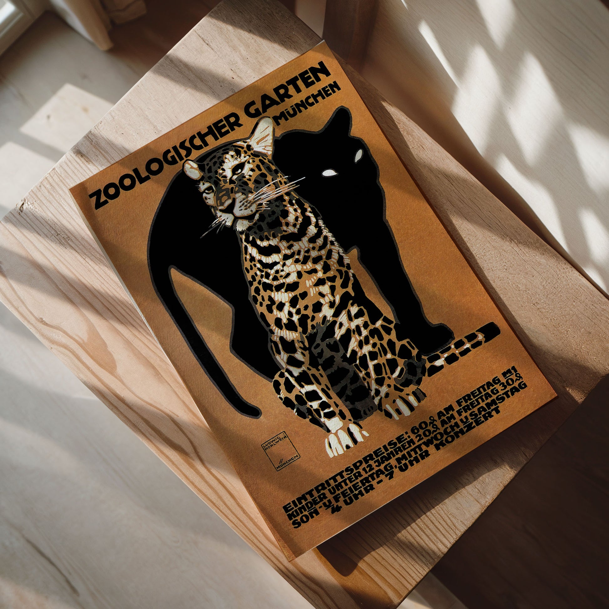 Vintage Munich Zoo poster featuring a leopard with a black panther silhouette, bold typography, and an earthy background.