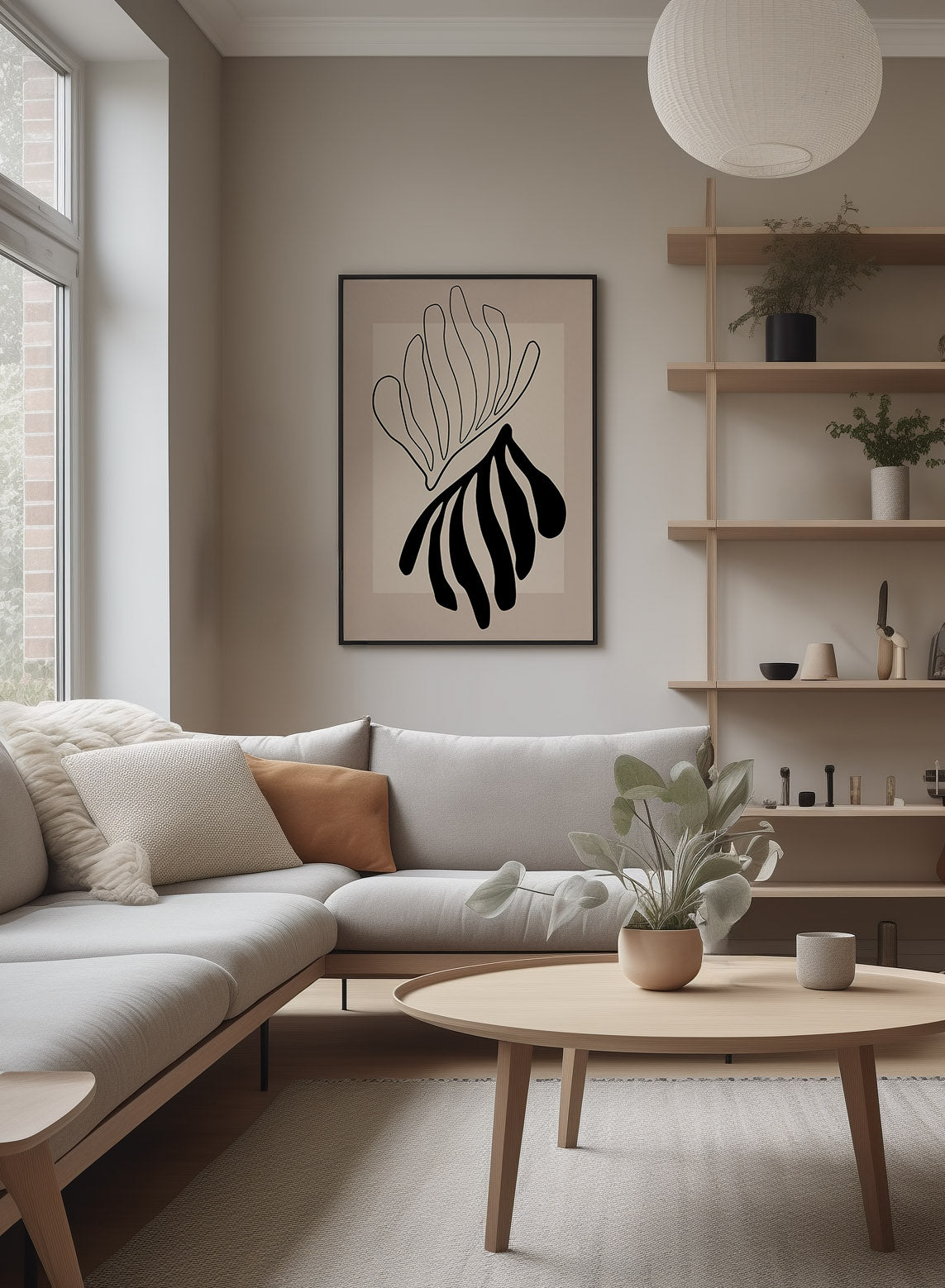 Minimalist abstract line art print inspired by Matisse, featuring organic black shapes against a beige background, perfect for modern decor and as a stylish gift.