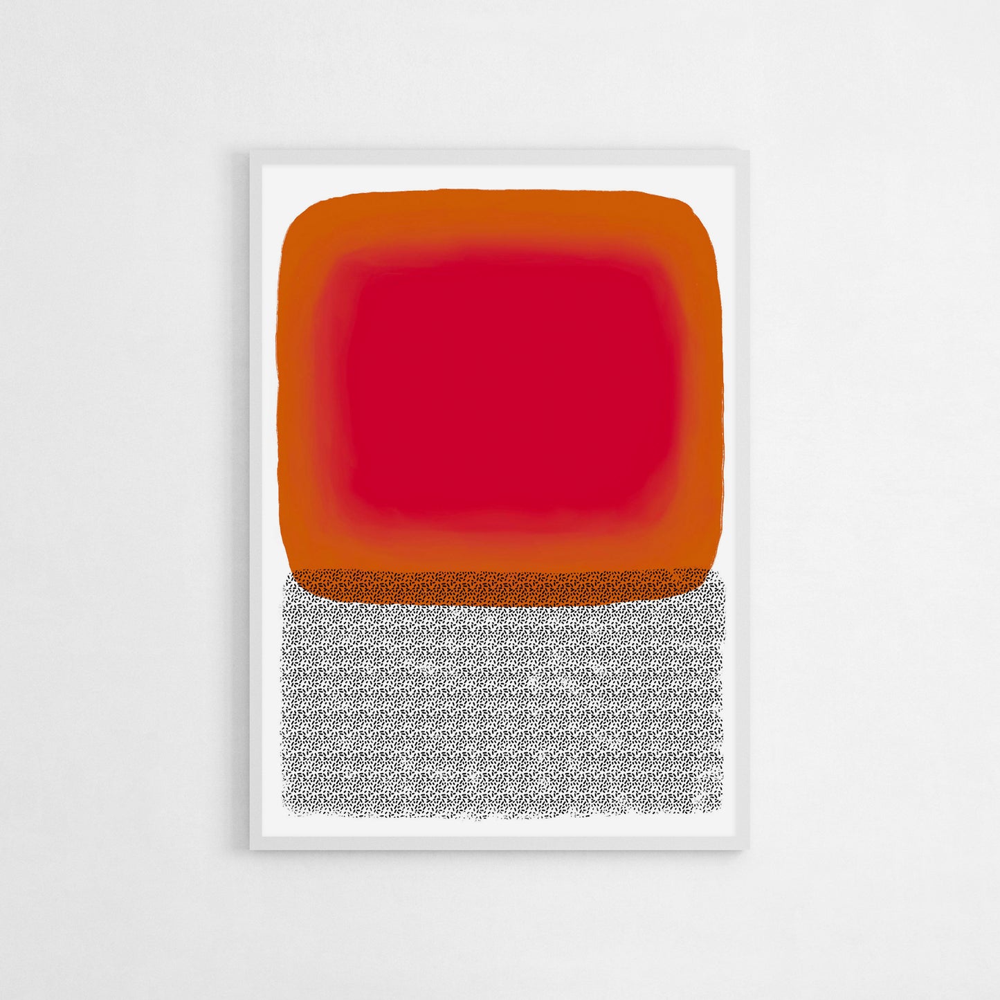 Abstract art print with a bold red and orange gradient over a black-and-white textured base, creating a modern and minimalist design ideal for contemporary decor.