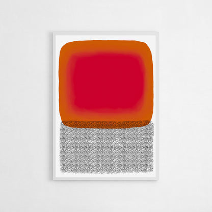 Abstract art print with a bold red and orange gradient over a black-and-white textured base, creating a modern and minimalist design ideal for contemporary decor.