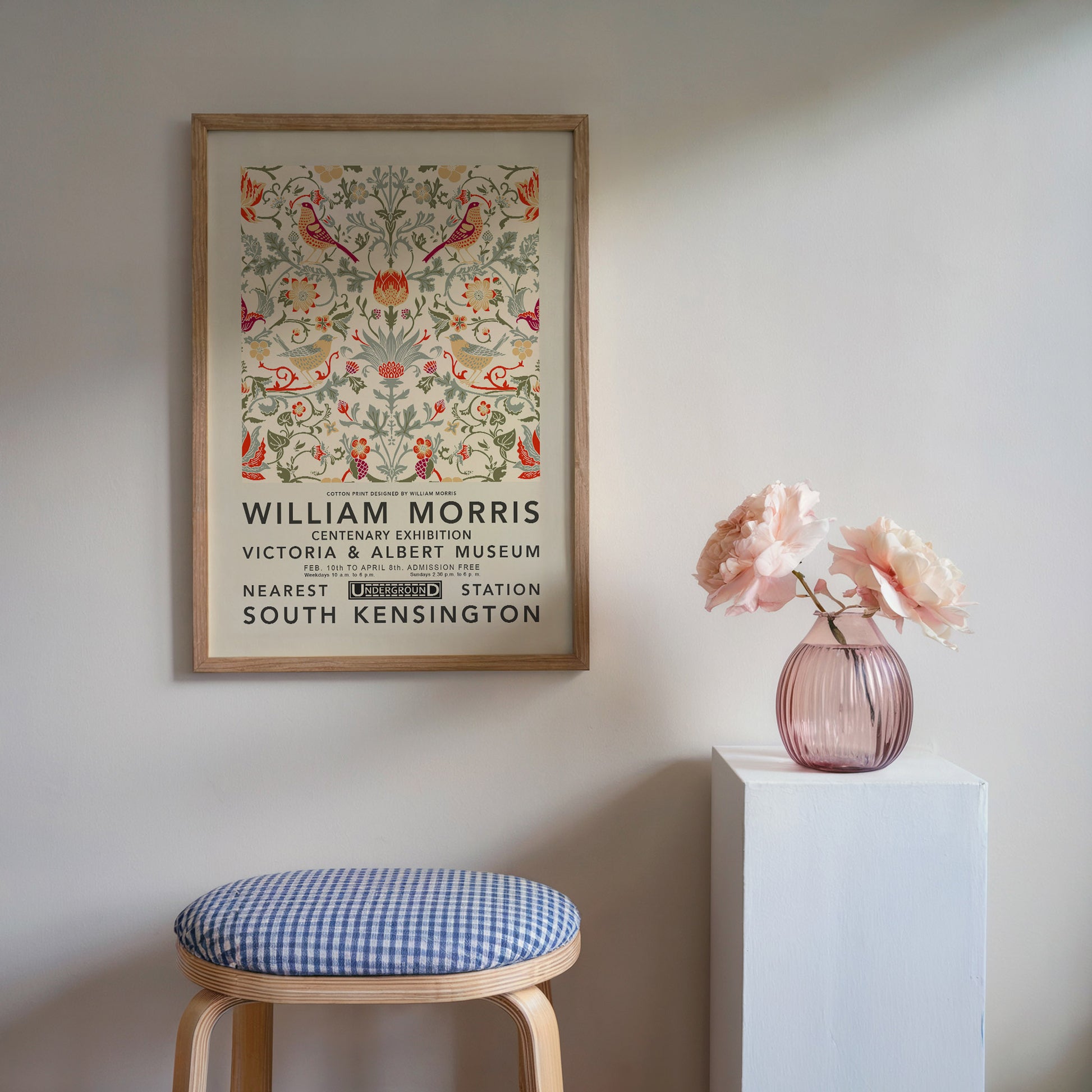 William Morris “Centenary Exhibition” art print featuring detailed floral and botanical patterns, showcased at the Victoria & Albert Museum.