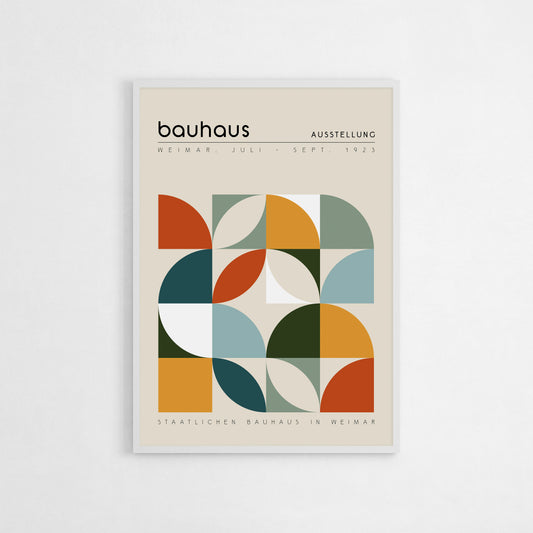 Bauhaus-inspired art print featuring geometric shapes in harmonious colors, with minimalist design elements typical of Bauhaus style, against a light background.