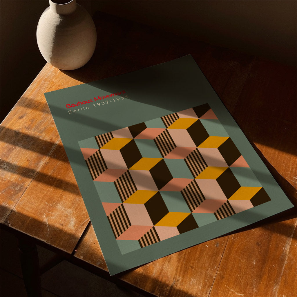 Bauhaus Movement art print with a geometric cube pattern in earthy tones. This modern wall art is ideal for minimalist, contemporary, or creative decor. Perfect for adding a touch of Bauhaus-inspired style to offices, living rooms, or design studios.