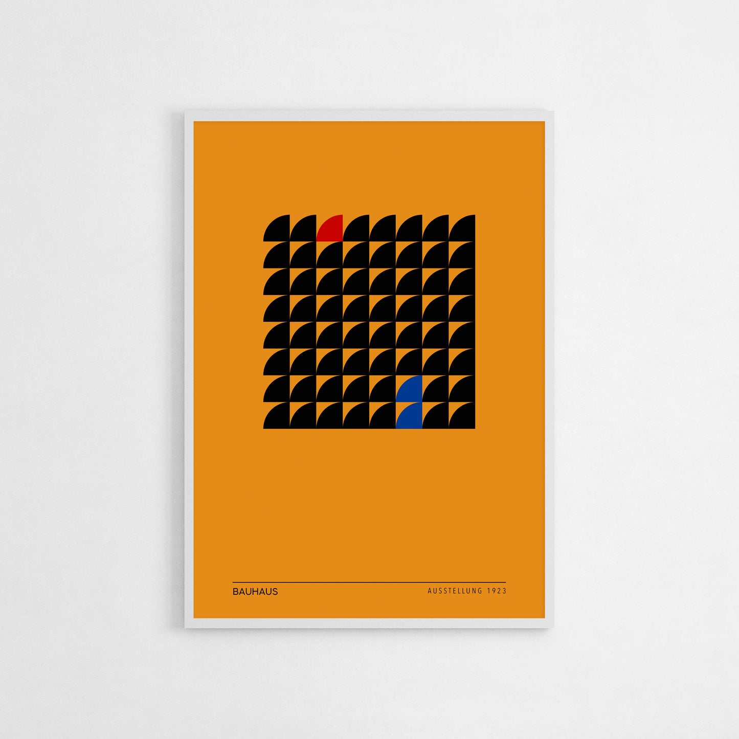 Bauhaus-inspired art poster with an orange background, black geometric grid, and red and blue accents, reflecting modernist design elements. Ideal for contemporary decor.