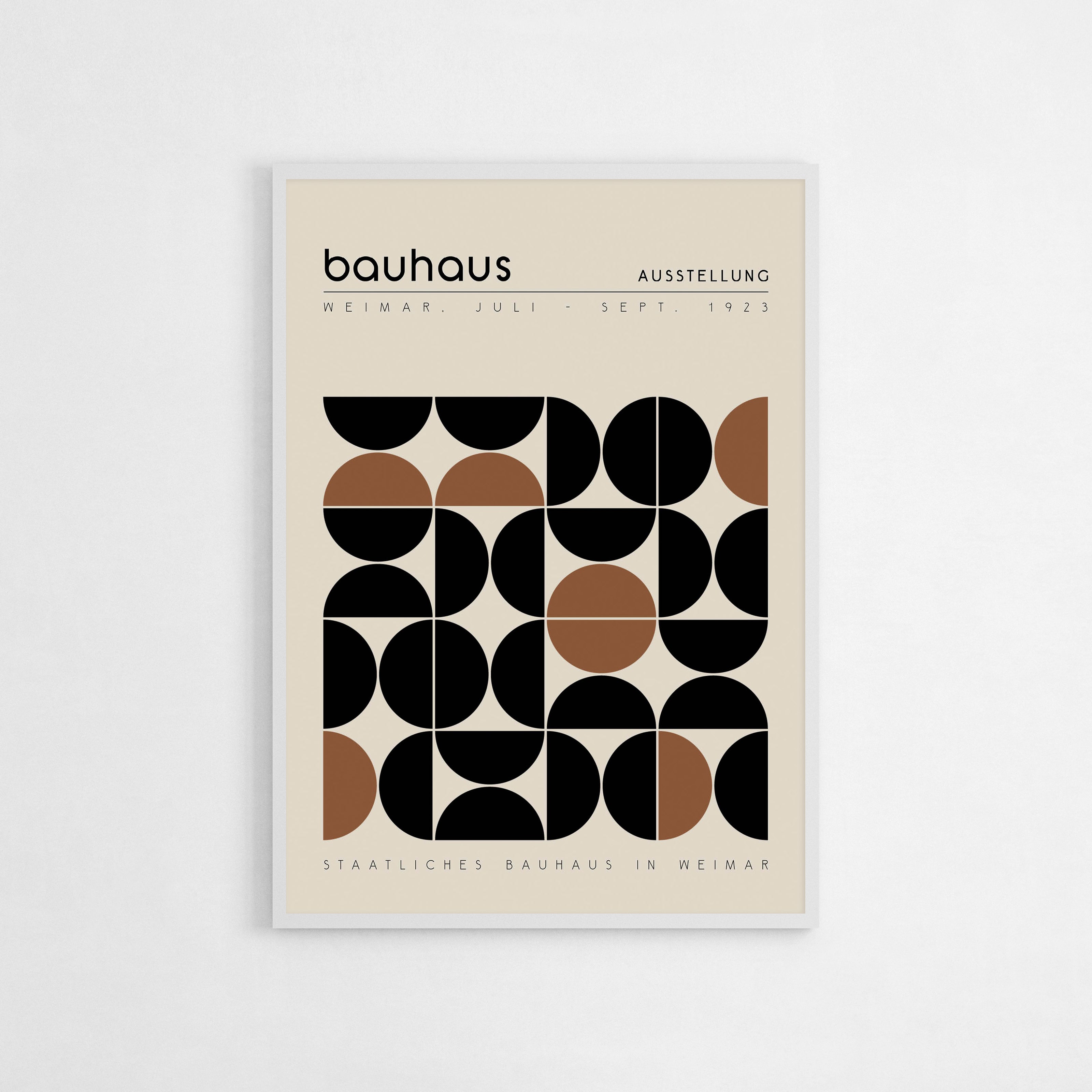 A geometric Bauhaus poster featuring bold black and brown shapes, inspired by the 1923 Bauhaus Weimar Exhibition. This modernist art print is perfect for enhancing minimalist or mid-century modern interiors. Ideal for living rooms, studios, and office spaces. Makes a great gift for lovers of Bauhaus design.