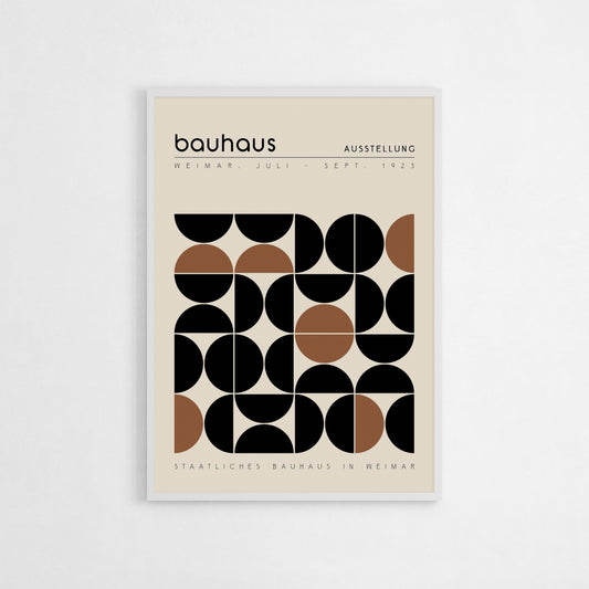 A geometric Bauhaus poster featuring bold black and brown shapes, inspired by the 1923 Bauhaus Weimar Exhibition. This modernist art print is perfect for enhancing minimalist or mid-century modern interiors. Ideal for living rooms, studios, and office spaces. Makes a great gift for lovers of Bauhaus design.