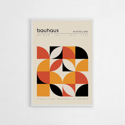 Geometric Bauhaus art poster with bold orange, red, and black shapes, inspired by the Bauhaus Weimar Exhibition 1923. Perfect for modern and minimalist interiors such as living rooms or offices. Makes a thoughtful gift for fans of mid-century modern design and Bauhaus art.