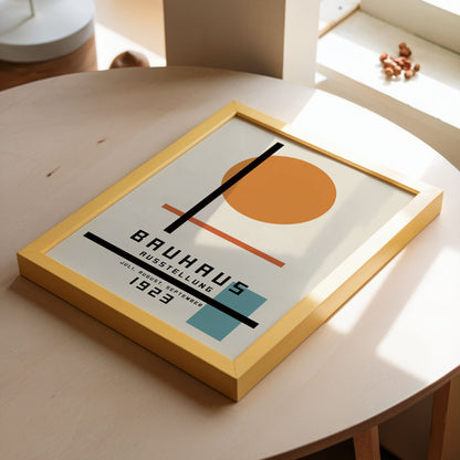 Bauhaus Ausstellung 1923 art print featuring a minimalist geometric design with bold lines and shapes in earthy tones. Ideal for modern decor, creative studios, or contemporary interiors. Perfect for adding a touch of Bauhaus style to living rooms or workspaces.